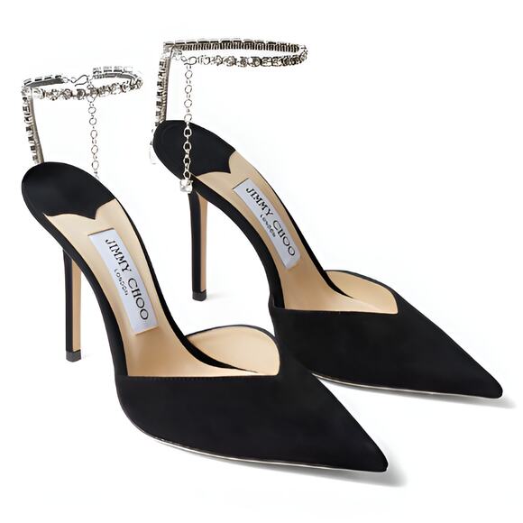 Jimmy Choo Saeda 100 Crystal Embellished Suede Pointed Toe Pumps Black 37 / 7 - Picture 12 of 12